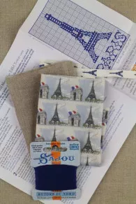 Contents of Sajou cross stitch embroidery kit - Eiffel tower case blue