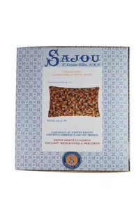 Presentation of Sajou tapestry cushion small squares yellow, orange and brown