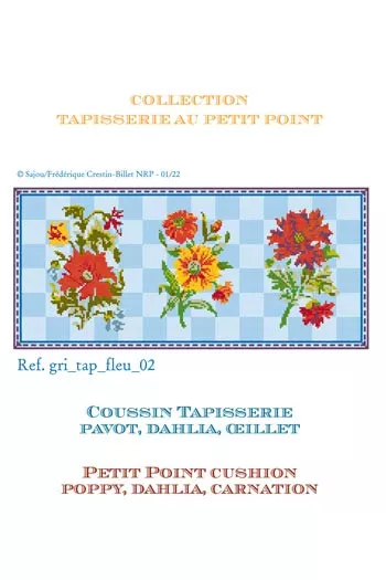 Grille de tapisserie Sajou pour coussin au petit point à motifs fleuris pavot dahlia et oeillet Grille de tapisserie Sajou pour coussin au petit point à motifs fleuris pavot dahlia et oeillet
