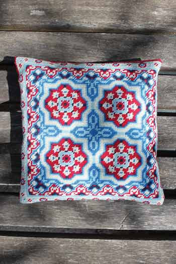 Sajou basketweave tapestry kit for Villedieu square cushion in red and blue tones Sajou basketweave tapestry kit for Villedieu square cushion in red and blue tones