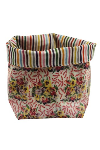 Sajou Utensilo aus Wachstuch Motiv Stiefmütterchen mit bunt gestreiftem Innenstoff Sajou Utensilo aus Wachstuch Motiv Stiefmütterchen mit bunt gestreiftem Innenstoff