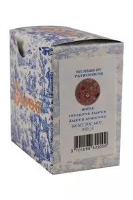 Présentation du kit de point de croix Sajou boîte ronde à broder motif tissu indienne motif Jaipur