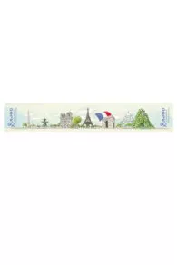 Panoramic view of Paris label decorating the Sajou round box with an ecru Arc de Triomphe
