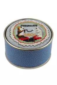 Sajou round box embroidered in cross stitch with Cat and Dog winding wool