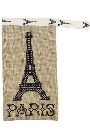 Sajou Etui mit einem schwarzen Eiffelturm auf ungebleichtem Leinen bestickt