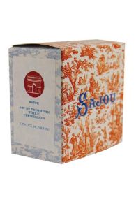 Sajou box in which the ecru Arc de Triomphe embroidered round box is presented