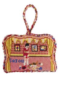 Front of the Sajou needlepoint motif Little Girl and her Cat – Stuffed petit point ornament kits