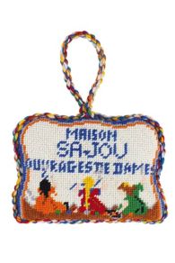 Front of the Sajou needlepoint motif Little Girls Embroidering – Stuffed petit point ornament kits