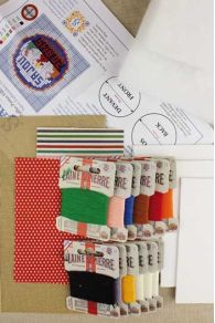 Detailed contents of the Sajou Girls Embroidering needlepoint kit to make stuffed puffies