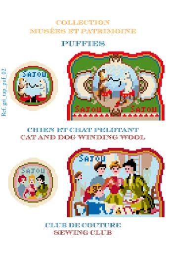 Sajou Vorlagen für Gobelin Anhänger im Petit Point Hund und Katze mit Wollknäuel und Vintage Nähsalon Sajou Vorlagen für Gobelin Anhänger im Petit Point Hund und Katze mit Wollknäuel und Vintage Nähsalon