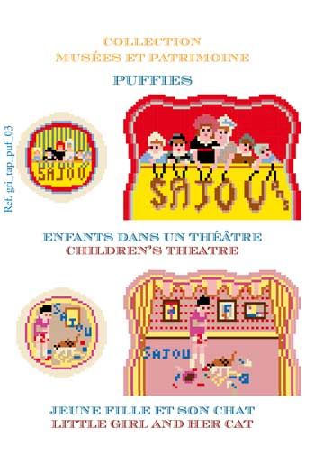 Sajou Vorlagen für Gobelin Anhänger im Petit Point Kinder im Theater und Mädchen mit seiner Katze