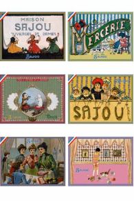 Cette carte postale Petites Brodeuses Sajou fait aussi partie d'une série de six motifs fétiches présentés dans une pochette