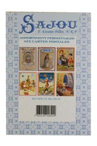 Presentation of characters motif Sajou postcards – haberdashery theme – in folder
