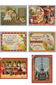 Cette carte postale Sajou Manufacture de boutons  fait aussi partie d'une série de six motifs 1900 présentés dans une jolie poch