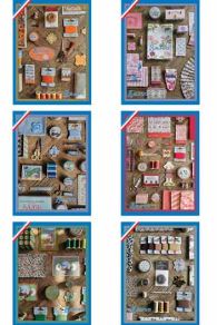 Six Sajou haberdashery-themed colourfull motifs postcards in folder