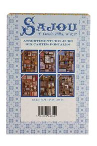 Présentation des six cartes postales thème mercerie Sajou motifs colorés en pochette