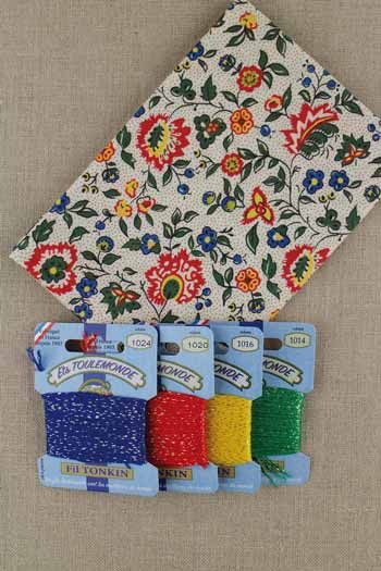 Tonkin glossy embroidery threads and Napoleon indienne fabric swatch for embellishment embroidery project Tonkin glossy embroidery threads and Napoleon indienne fabric swatch for embellishment embroidery project