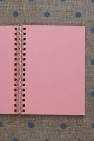 Pink inner pages of the Sajou spiral notebook – haberdashery theme