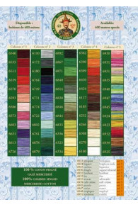 Farbkarte mit den 60 Farben des Baumwollnähgarns Fil Au Chinois 400 Meter Spule