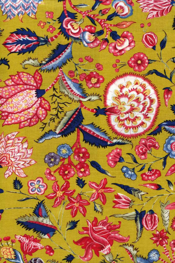 Mètre de tissu indienne Sajou motif 1 sur fond moutarde largeur 110 cm Mètre de tissu indienne Sajou motif 1 sur fond moutarde largeur 110 cm