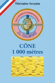 Fil broderie brillant Tonkin Sajou coloris jaune en présentation professionnelle sur cône de 1000 mètres