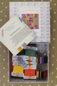 Contents of Sajou cross stitch kit for Chenonceau plaid
