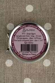 Back of the Sajou Coquecigrues Jouy metal tin  with dressmakers' steel fine pins