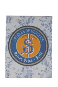 Label on the lid of Sajou Articles de Mercerie storage box