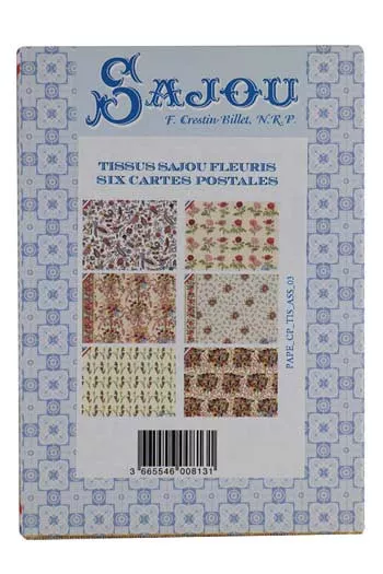 Präsentation in einer Mappe der sechs Postkarten Sajou Stoffe mit Blumenmustern