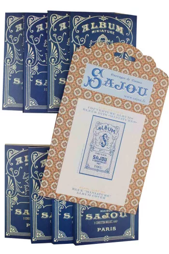 Set of eight blue Sajou cross stitch albums and the embroidery chart for the covers Set of eight blue Sajou cross stitch albums and the embroidery chart for the covers
