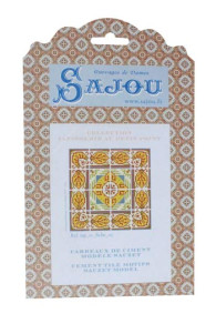 Presentation of the Sajou tapestry chart for petit point cushion with yellow and green geometric patterns