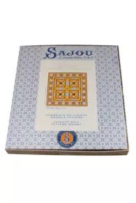 Presentation of Sajou basketweave tapestry kit for Viviers square cushion in orange and blue tones