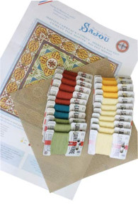 Contents of the Sajou basketweave tapestry kit for Sauzet square cushion in yellow and green tones