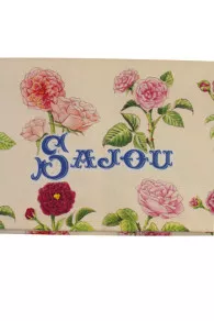 Torchon de cuisine motif grandes roses de Joséphine détail du marquage Sajou