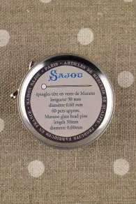 Back of the Sajou brown Jouy metal tin  with dressmakers' steel glass headed pins