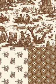 Tissu Sajou Toile de Jouy  marron L'Abreuvoir et ses coordonnés