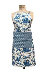 Sajou apron Plaisirs de la Campagne blue motif with cream on blue geometric motif pocket