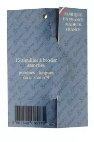 Back of Sajou toile de Jouy booklet containing 15 assorted embroidery needles
