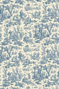 Sajou-Stoff aus 100% Baumwollperkal mit dem Jouy-Motiv Offrande à l'Amour in Blau