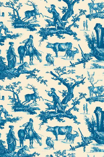 Sajou oilcloth with blue toile de Jouy Plaisirs de la Campagne motif sold in swatch Sajou oilcloth with blue toile de Jouy Plaisirs de la Campagne motif sold in swatch