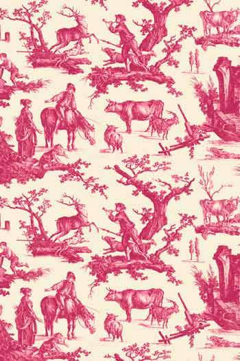 Sajou oilcloth with pink toile de Jouy Plaisirs de la Campagne motif sold in swatch Sajou oilcloth with pink toile de Jouy Plaisirs de la Campagne motif sold in swatch