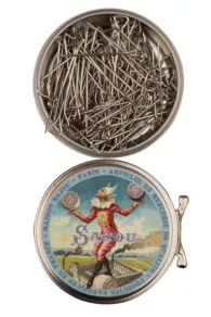 Sajou tightrope walker round box with steel triangular headed pins