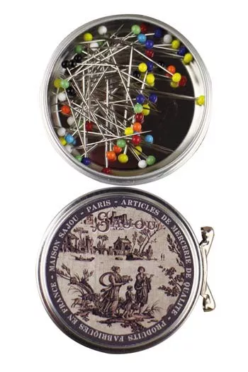 Stecknadeln mit Glaskopf aus Murano-Glas - Sajou-Metalldöschen mit braunem Jouy-Motiv Stecknadeln mit Glaskopf aus Murano-Glas - Sajou-Metalldöschen mit braunem Jouy-Motiv