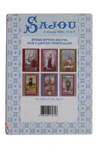 Presentation of the six Sajou vintage sewing labels postcards - series 1