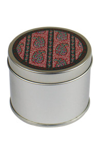 Sajou round storage box printed with our red Kashmir motif closed
