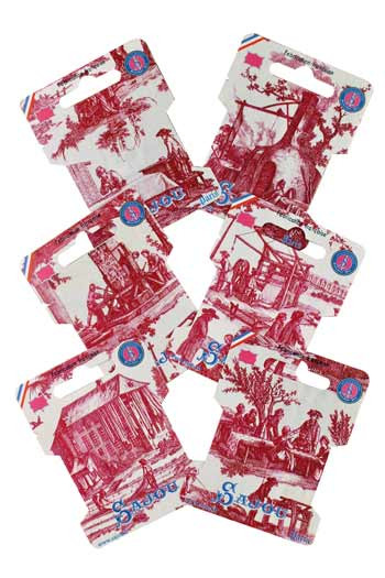 Sechs Sajou Wickelkarten für Bänder und Garne - Toile-de-Jouy-Motive