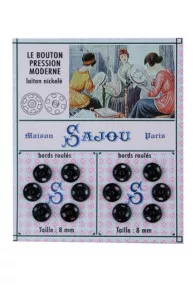 Sajou card of 12 black-coloured press fastener buttons 8 mm on pink vintage style card