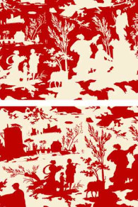 Sajou Toiles de Jouy Schattenspiel Rot aus Ecru und Ecru auf Rot - 100 % Baumwolle