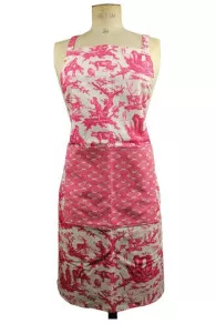 Sajou apron Plaisirs de la Campagne pink motif with cream on pink geometric motif pocket