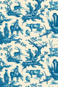 Toile de Jouy Sajou bleue motif Plaisirs de la Campagne en 150 cm de large